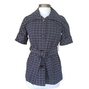 BANANA REPUBLIC Short Sleeve Belted Jacket Blazer Size 2 XS Navy White Jacquard